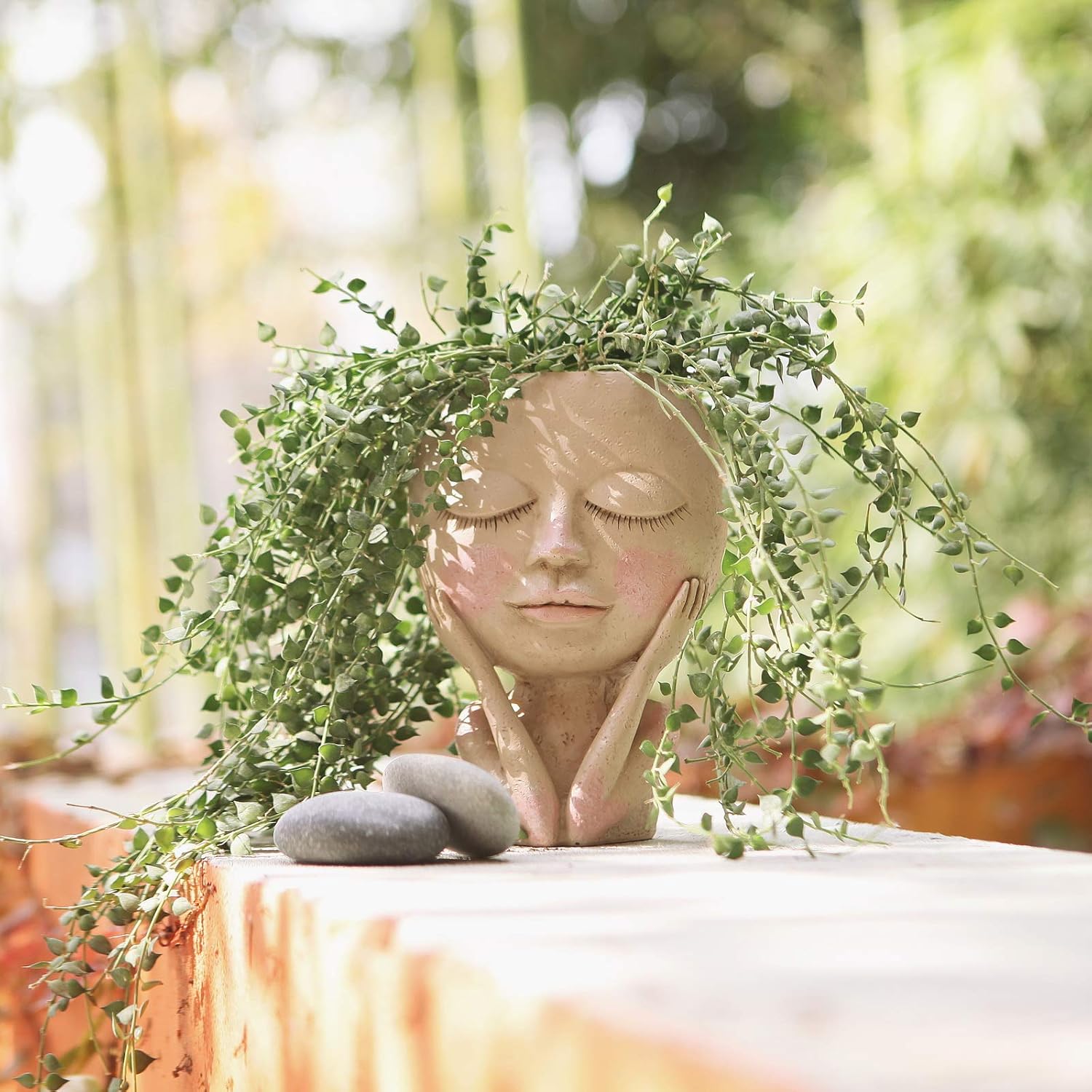 AIMEBBY Face Flower Pot Head Planter Pot Succulent Planter Cute Resin Cactus Planter with Drainage Hole Closed Eyes : Kitchen & Dining