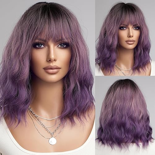 Doremiy Short Bob Ombre Black Purple Wavy Wigs for Women Natural Shoulder Length Wig with Bangs Synthetic Wigs for Daily Cosplay