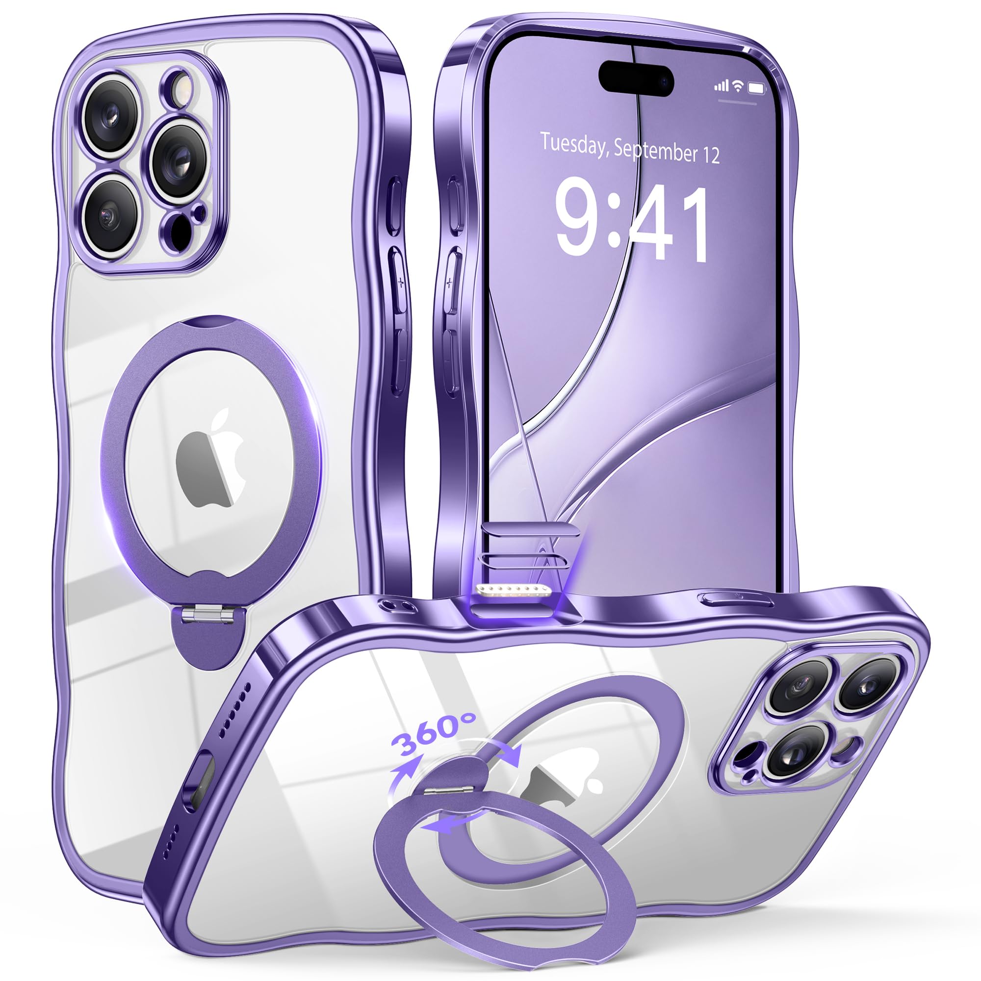 Photo 1 of GVIEWIN for iPhone 16 Pro Max Case with 360° Magnetic Stand, [Compatible with MagSafe][Full Camera Protection][Non-Yellowing] Cute Slim Electroplated Wave Shockproof Phone Case 6.9", Clear/Dark Purple