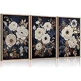 3Pcs Navy Blue Abstract Floral Canvas Wall Art Moody Dark Flowers Plants Painting Picture Wall Decor Poster Print Artwork Suitable for Living Room Bedroom Home Decoration