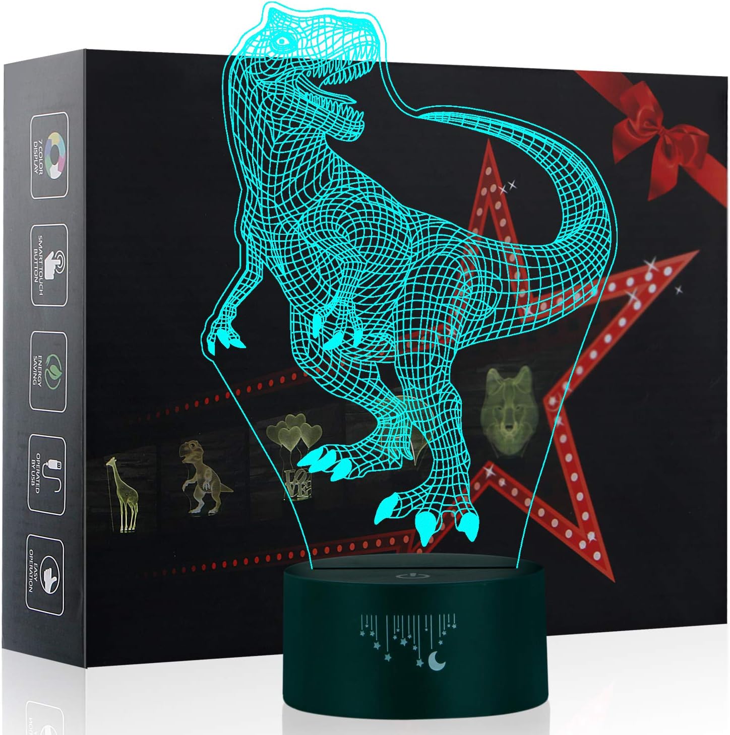 Dinosaur 3D Illusion Lamp, Yunplus 7 Changing Colors Touch Night Light for Baby Bedroom Decoration Children Gift