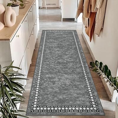 Homcomodar Grey Runner Rug 65x180cm Non Slip Low Pile Hallway Kitchen