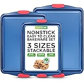 NutriChef Nonstick 3-Piece Baking Pans Set – Carbon Steel Bakeware with Blue Coating Inside & Outside and Red Silicone Handles, Durable and Reliable, Effortless Baking and Easy Cleanup (Blue)