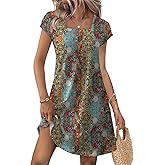 OFEEFAN Summer Dresses for Women 2026 Loose Square Neck Cap Sleeve Casual Beach Vacation Tshirt Dress Sundresses with Pockets