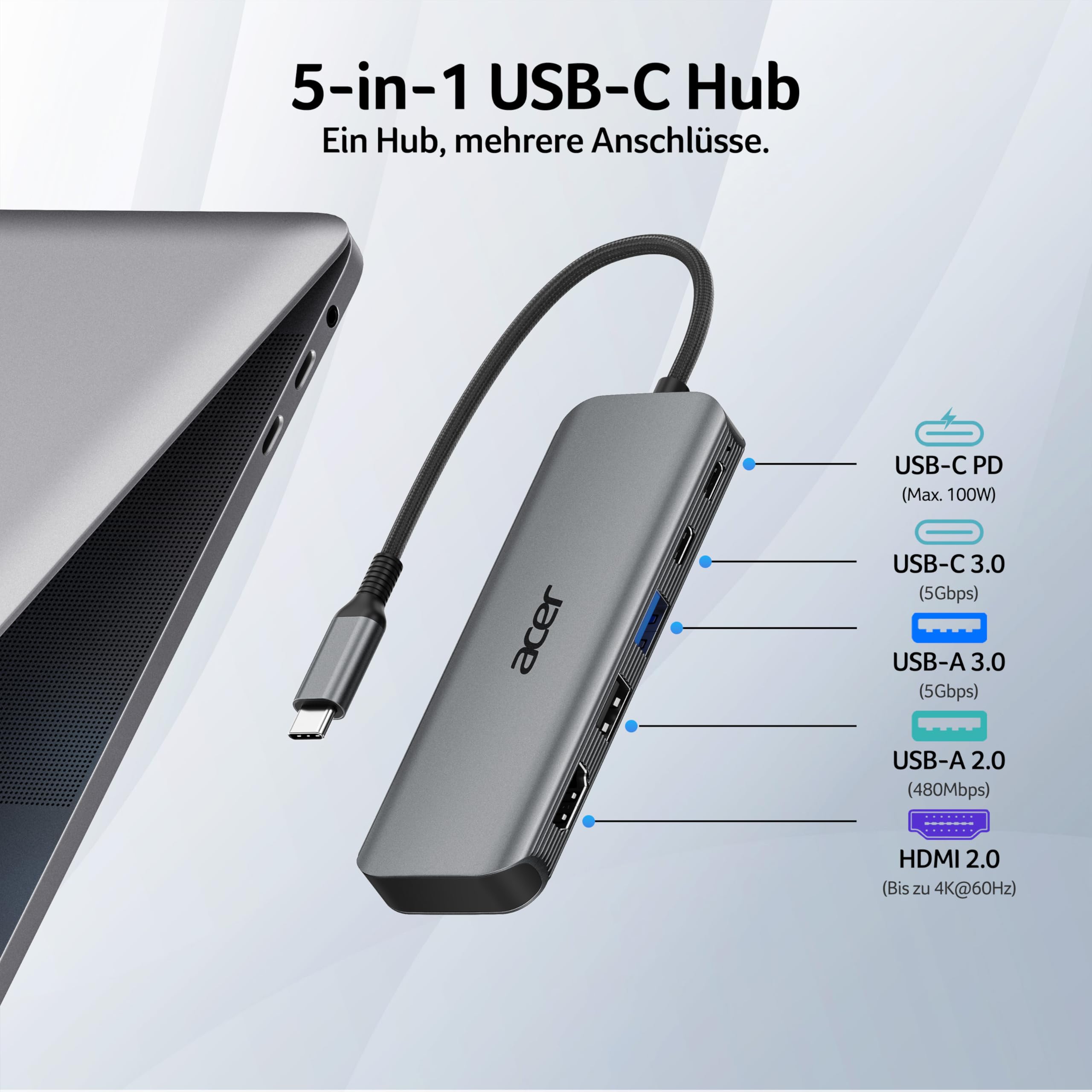 acer USB C Hub 5-in-1, 4K@60Hz USB C auf HDMI Adapter, USB-A+USB-C 5 Gbps Datenport, PD 100W, Multiport USB C Splitter Kompatibel mit Windows, iOS, macOS, Ideal für iPad Pro/Air, MacBook und Surface 2
