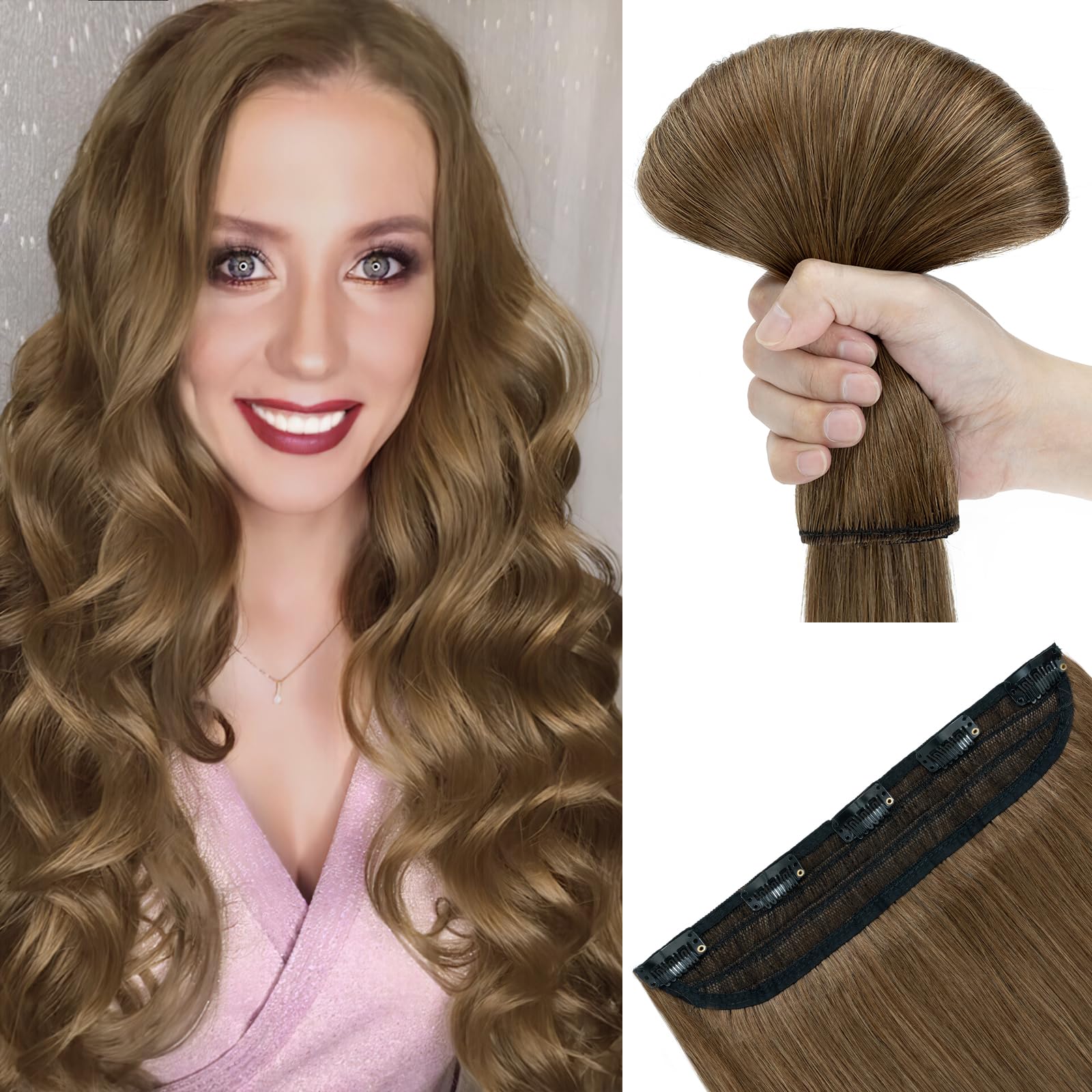 SEGOHAIR One Piece Hair Extensions Clip in Human Hair Extensions, 10" One Piece 5 Clips Thick Clip in Hair Extension - 3/4 Full Head -Chestnut Brown — image 1