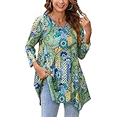 ENMAIN Tunic Tops for Women 3/4 Sleeve Plus Size Women's Tunics Loose Fit Floral Swing Flare Ladies Blouse for Leggings