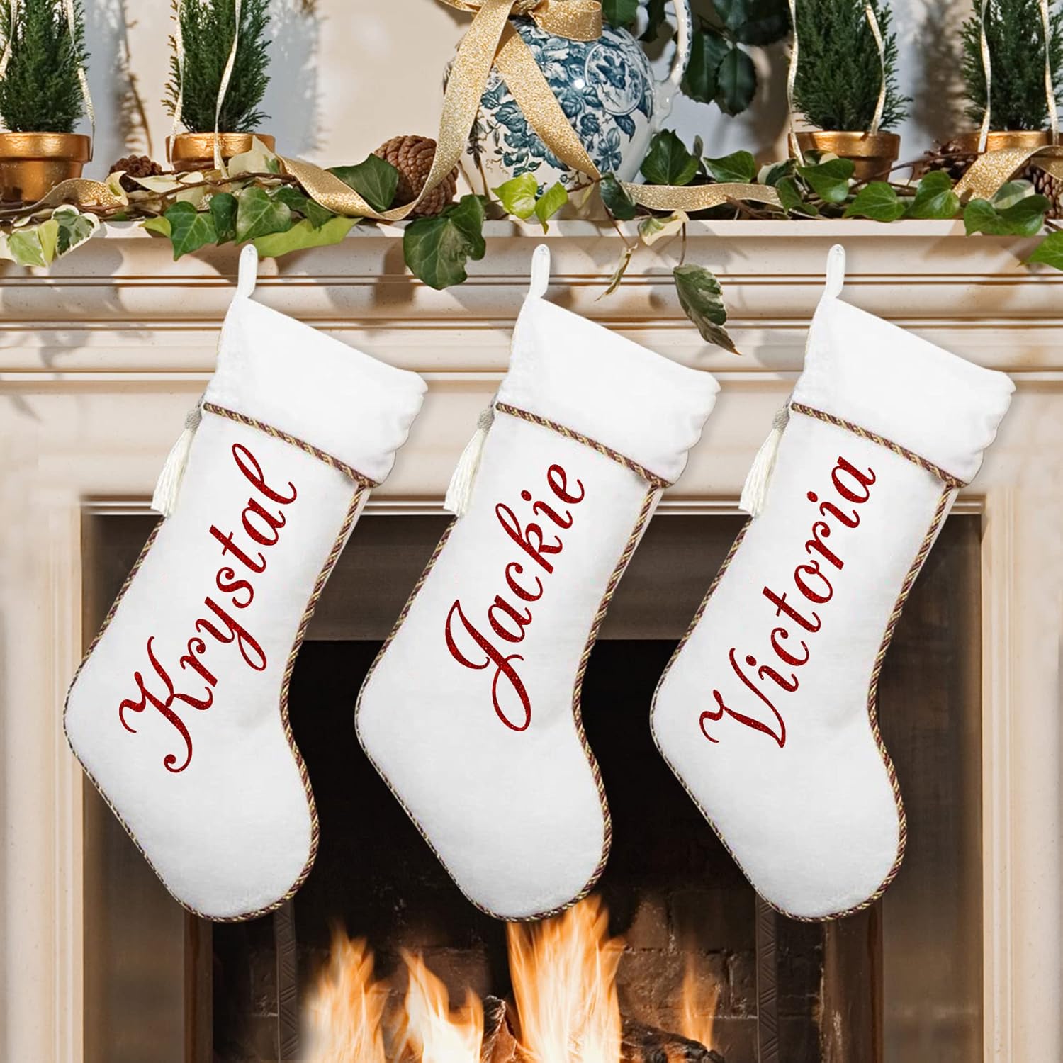 Stockings & Holders - Ugiftcorner Personalized Christmas Stockings 3 Pack White Velvet Christmas Stockings with White Tassel for Family Kids Large Christmas Stockings Xmas Farmhouse Fireplace Hanging