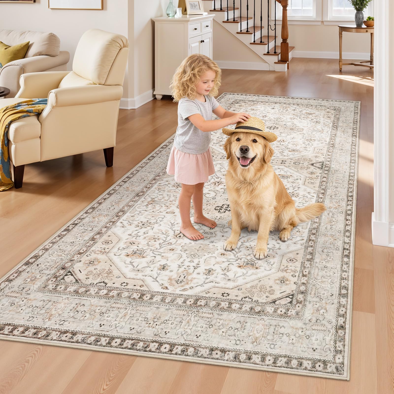 HILORUUG Washable Oriental 4x8 Rug: Indoor Non Slip Area Rugs for Kitchen Hallway Entry - Ultra Thin Low Pile Stain Resistant Front Door Mat - Home Decor for Vintage Style Lover - 4x8 Ivory Image