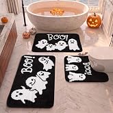 Britimes Bathroom Rug Set of 3, Fluffy Microfiber Non-Slip, Ghost Kawaii | Halloween Bathroom Mat with U-Shaped Contour Toilet Mat Water Soft Absorbent Bath Rug Washable for Tub Showers Laundry Room