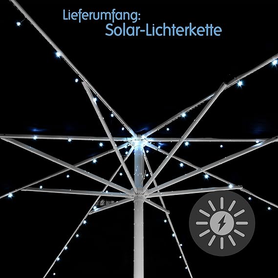 Nexos GB34286 72 Solar Lichterkette Weiß für Sonnenschirm 8 Stränge á 1,45 m je 9 LED mit Funktionen Sonnenschirmbeleuchtung 