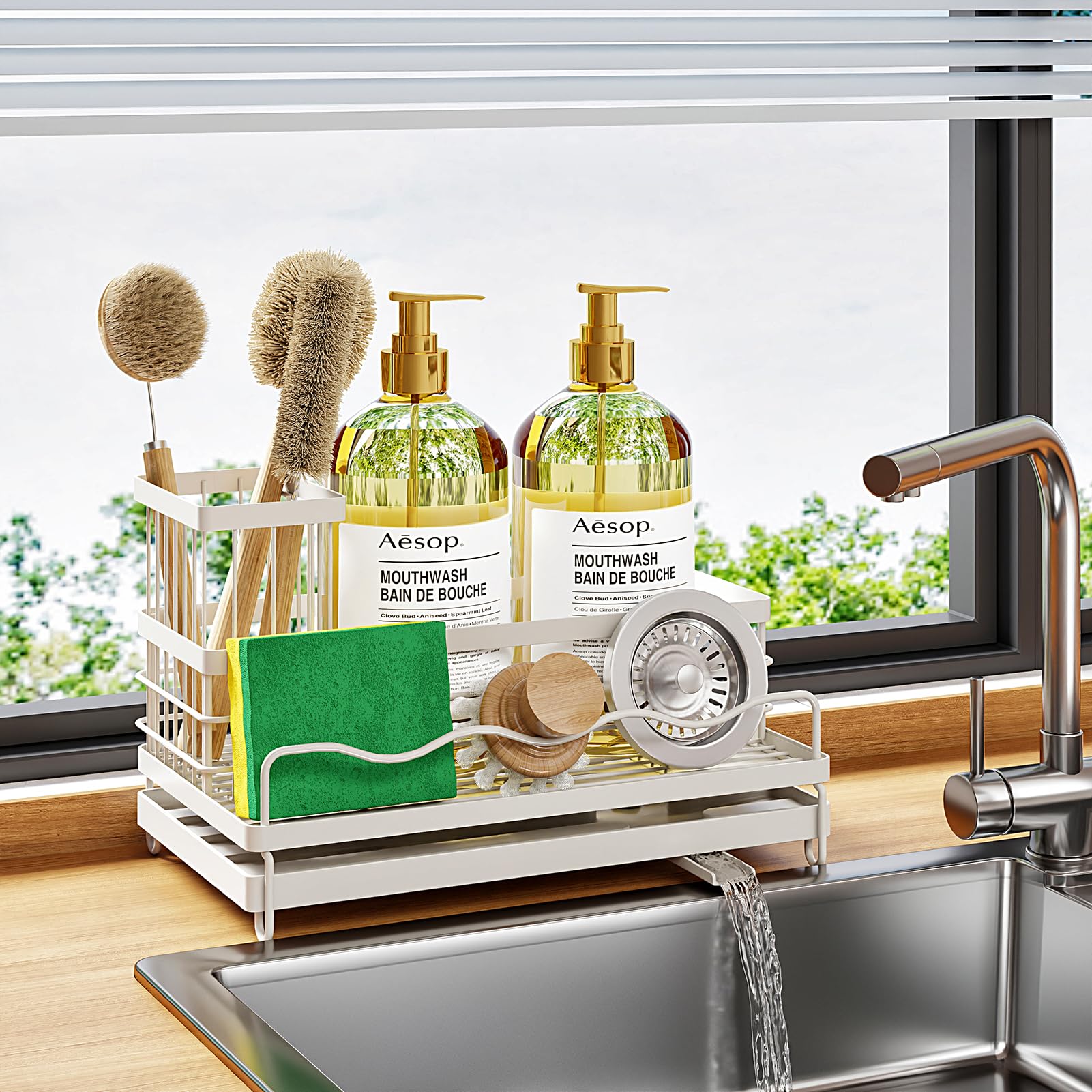 Photo 1 of Biridict Sink Caddy with Removable Brush Holder, Stainless Steel Self Drain Kitchen Organizer, Dish Soap Dispenser Storage Accessories