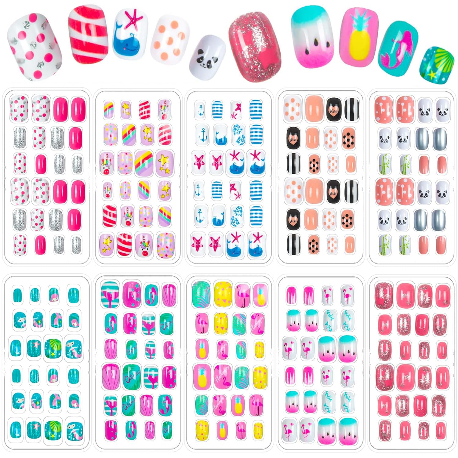 View 1 of 240 Pieces Fake Nails for Kids Girls Artificial Kids Press on Nails Pre Glue Full Cover Short Acrylic Stick On Nails False Nail Tips Kit for Children Little Girls Nail Art Decoration