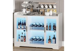 Ludatido Wine Bar Cabinet for Home, Liquor Cabinet with LED Lights, Power Outlet, Storage, Glass Door for Living Room, Dining Room, Home Bar - White