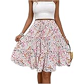 Verdusa Women's Boho Floral Tiered Ruffle Skirts Flowy Flared Summer Knee Length Midi Skirt