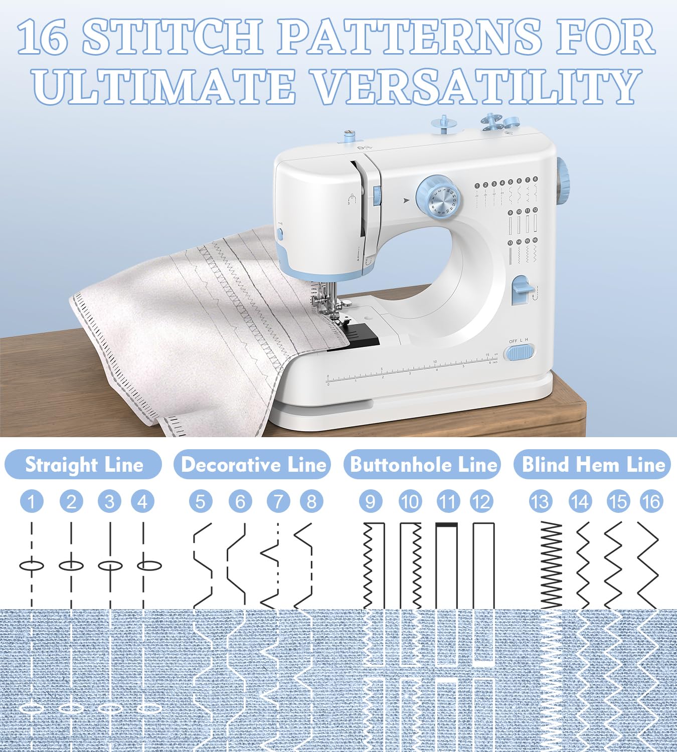 Sewing Machine for Beginners with 16 Built-in Stitches, Small Sewing Machine with Accessory Kit, 2-Speed, Foot Pedal & Storage Drawer, Portable Full-Feature Design for Home DIY (Blue)