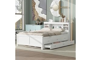 BELLEMAVE Full Bed Frame with Bookcase Headboard and Charging Station, Wood Captain Bed with Trundle and Storage Drawers for Kids Boys Girls, Noise Free, No Box Spring Needed, White