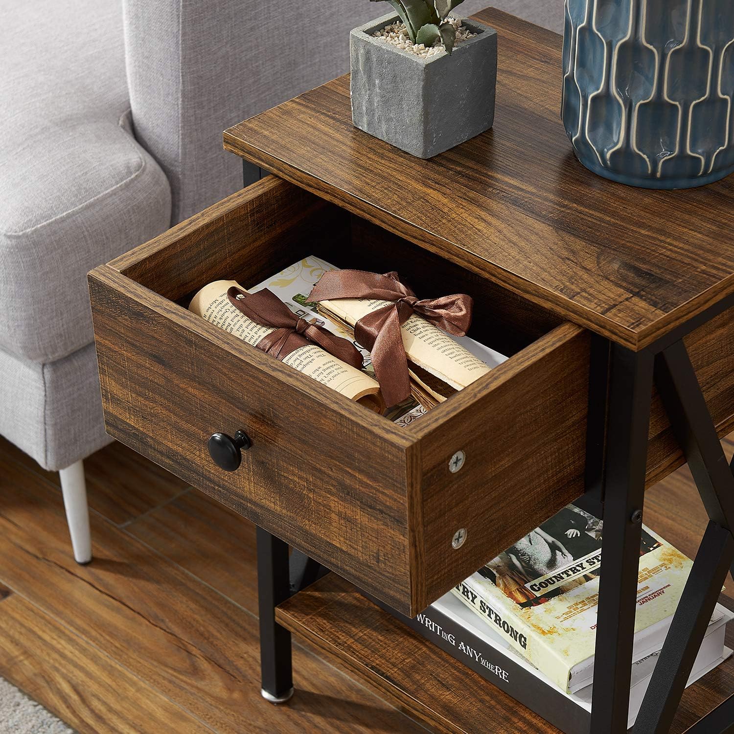 VECELO Modern Versatile Nightstands X-Design Side End Table Night Stand Storage Shelf with Bin Drawer for Living Room Bedroom, Set of 2 (Brown): Home & Kitchen
