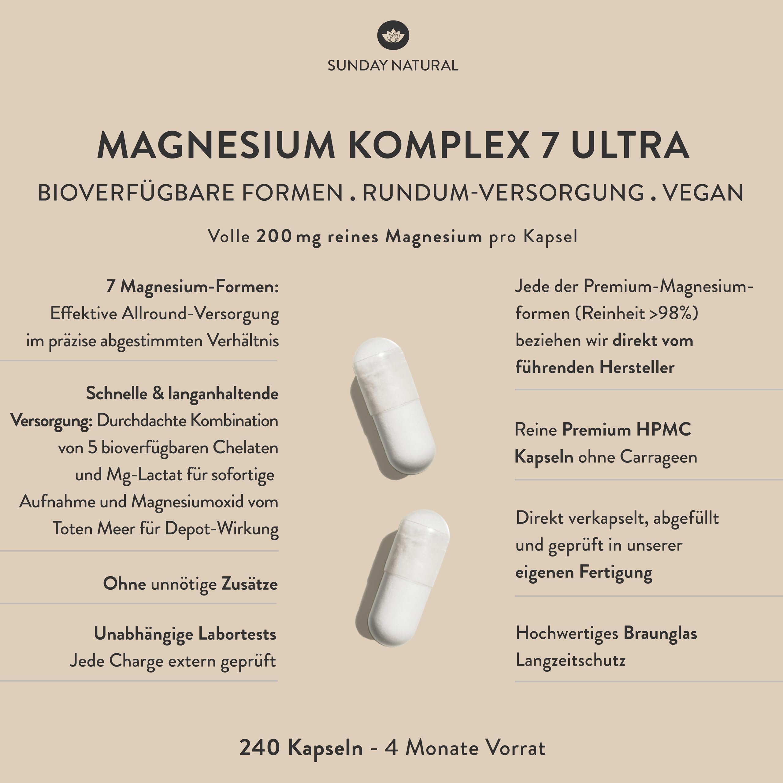 SUNDAY NATURAL® Magnesium Komplex – 240 Kapseln - 400mg pro Tag - aus 7 Verbindungen: Magnesium Bisglycinat, Citrat, Malat, Laktat, Ascorbat, Oxid, Lysinat - Vegan, laborgeprüft 2