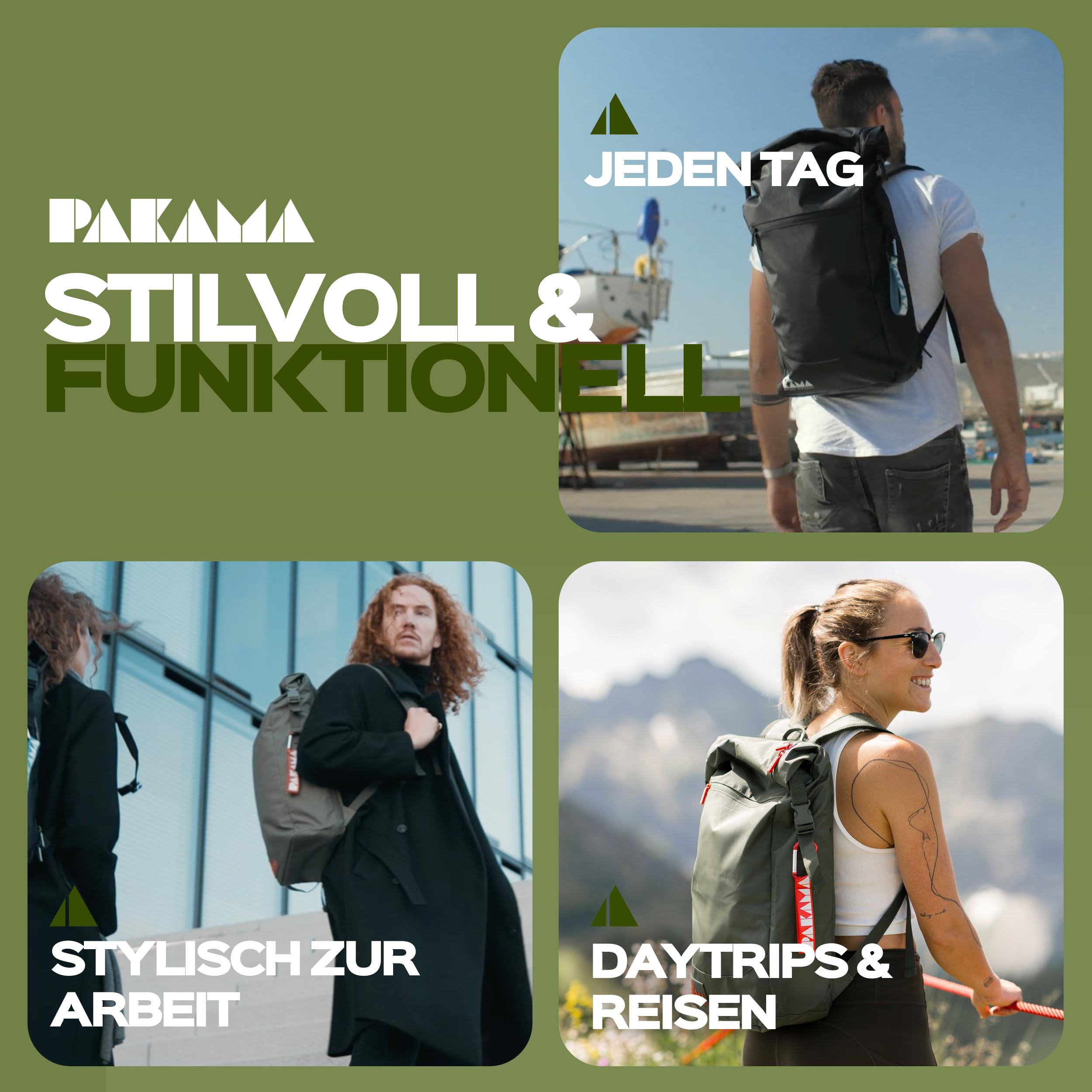 PAKAMA - Daypack Rucksack mit Rolltop 25l für Damen & Herren Grün klein - Wanderrucksack & Fahrradrucksack wasserdicht Arbeit & Wandern mit Laptop-Fach - Reiserucksack & Trekkingrucksack 6
