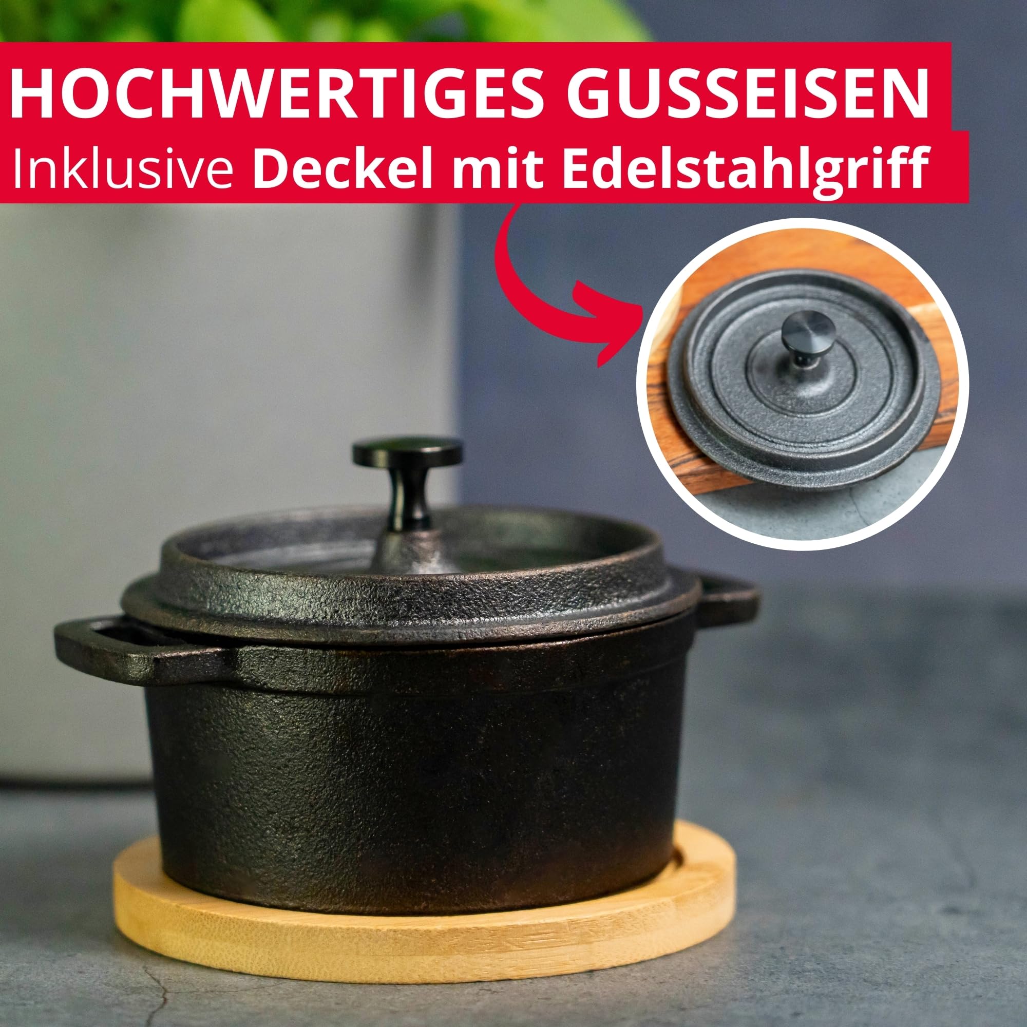 Westmark Gusseiserner Topf Tapas + Friends – kleiner Gusseisentopf mit Deckel, für alle Herdarten geeignet, auch Induktion und Grill, inkl. Bambus-Untersetzer – Eisen, 250 ml 5