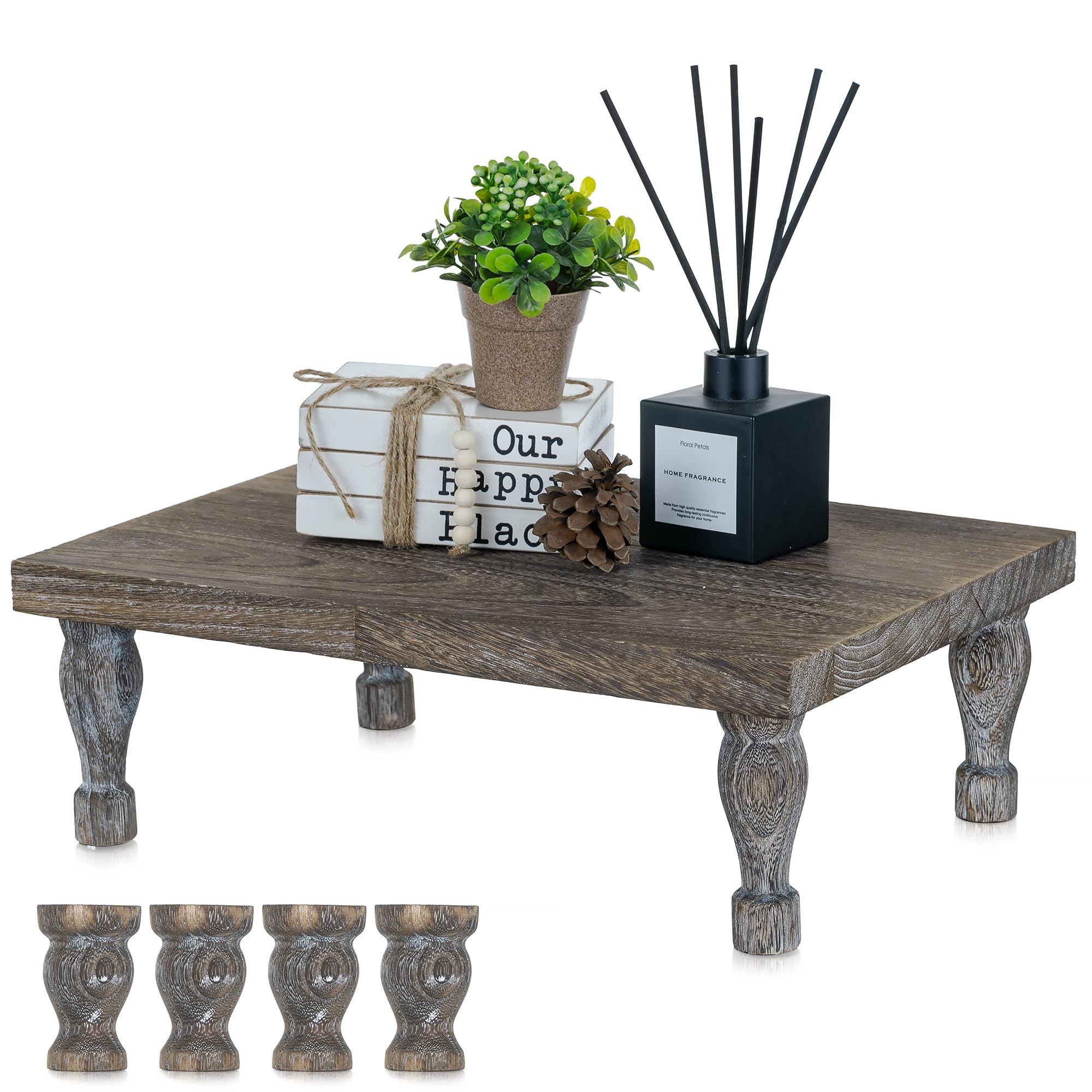 Hanobe Wooden Riser Decorative Tray：Farmhouse Wood Pedestal Display Stand Rustic Brown Tray Riser Centerpiece for Coffee Bar Kitchen Dining Room Home Table Decor, Short & Tall Footed
