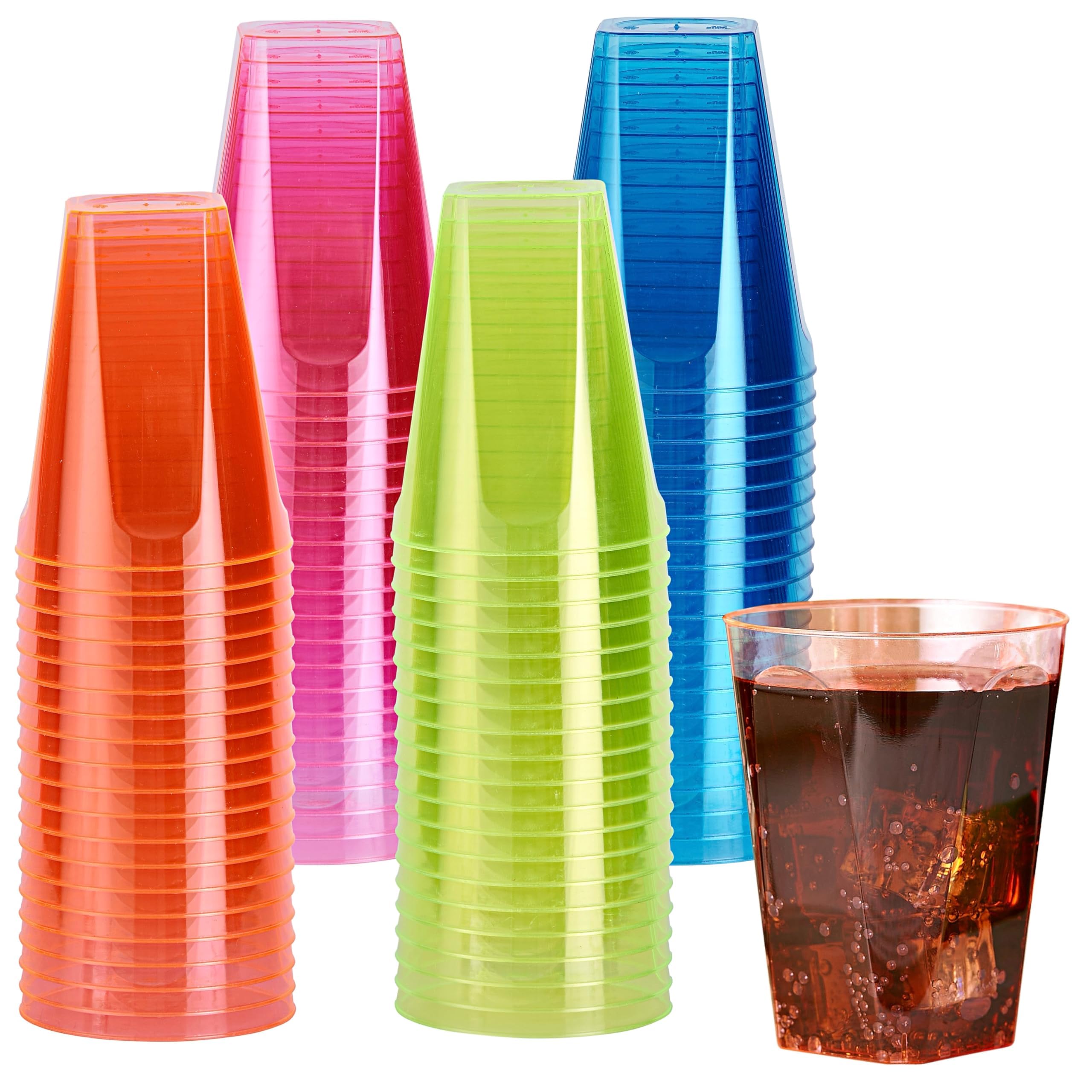 MATANA 80 Neon Party Cups, Coloured Hard Plastic Cups, 210ml - Blacklight UV-Reactive - Drinks, Cocktails, Desserts - Kids' Parties, Birthdays, Christmas, Picnic, BBQ, Parties - Sturdy & Reusable