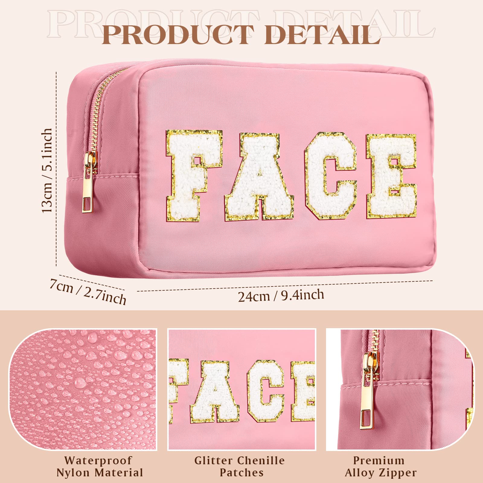 Cunno 4 Pcs Preppy Makeup Bags Chenille Letter Stuff Bag Nylon Cosmetic Pouch Cases with Zipper for Women Travel Toiletry
