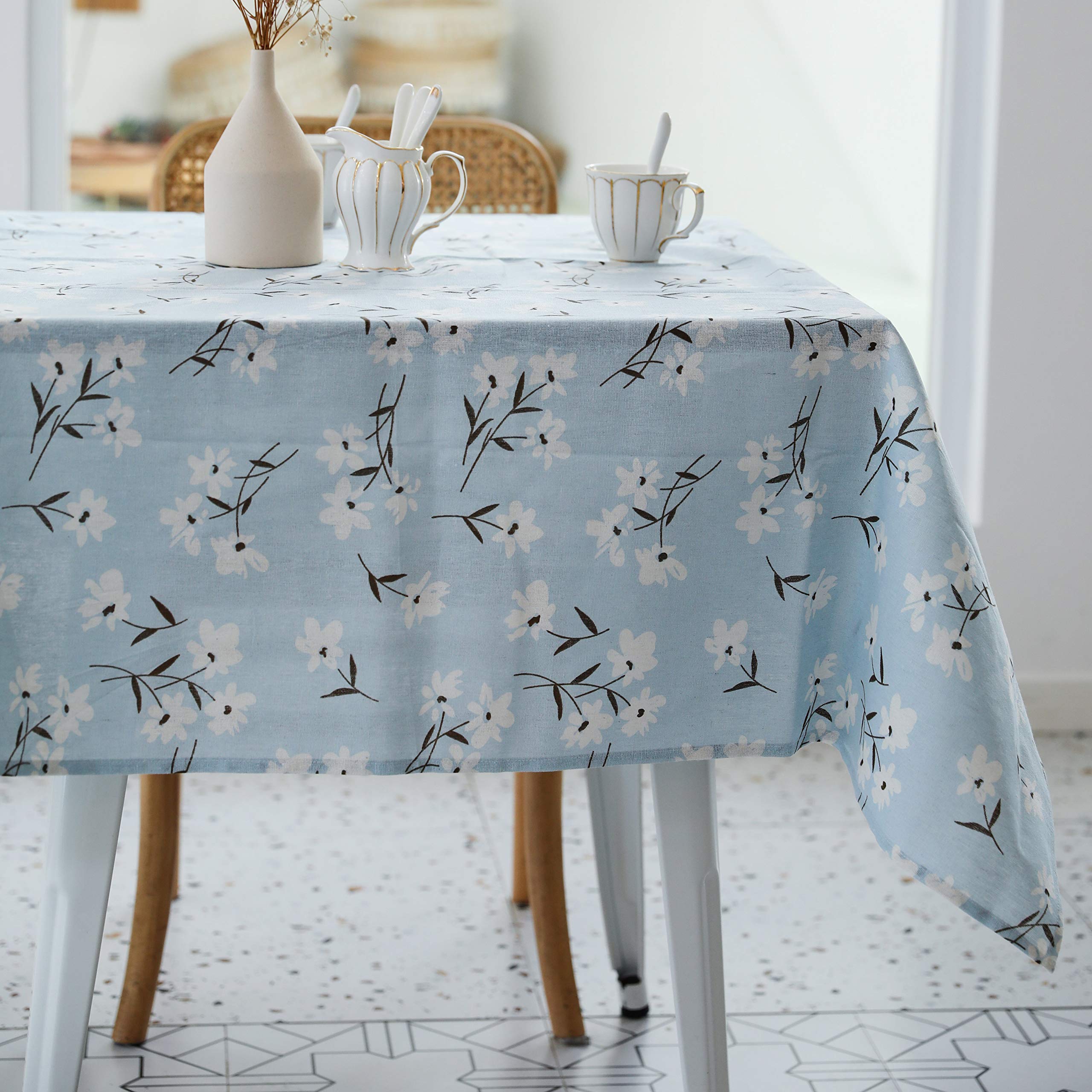 Pastoral Rectangle Tablecloth - 52 x 70 Inch - Linen Fabric Table Cloth - Washable Table Cover with Dust-Proof Wrinkle Resistant for Restaurant, Picnic, Indoor and Outdoor Dining, Floral (Light Blue)