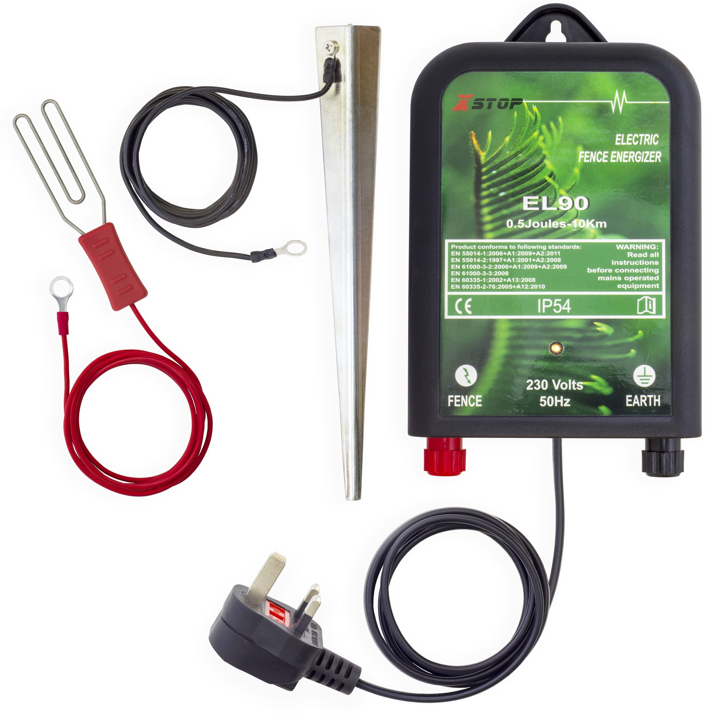 XSTOP 230v Mains Powered Electric Fence Energiser EL90 10Km Range, 0.5 Joule Output, Weatherproof Kit Includes Leads and Earth Stake. For Horses and Other Animals. 2 Year Warranty*.