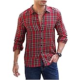VIPWOLF Men's Plaid Shirt Checkered Long Sleeve Collared Button Down Casual Shirts