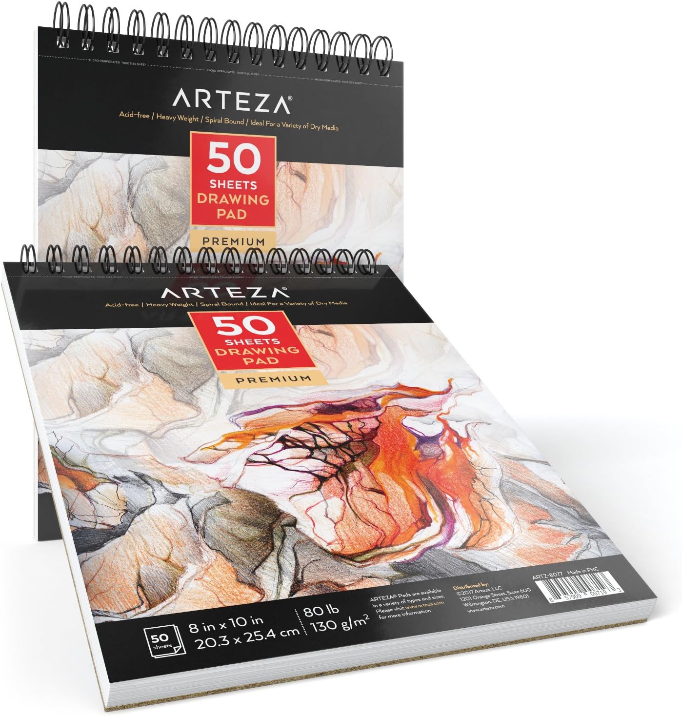 Arteza 8X10” Drawing Pad, Pack of 2, 100 Sheets (80lb/130g), Spiral Bound Artist Drawing Books, 50 Sheets Each, Durable Acid Free Drawing Paper, Ideal for Kids & Adults, Bright White: Office Products