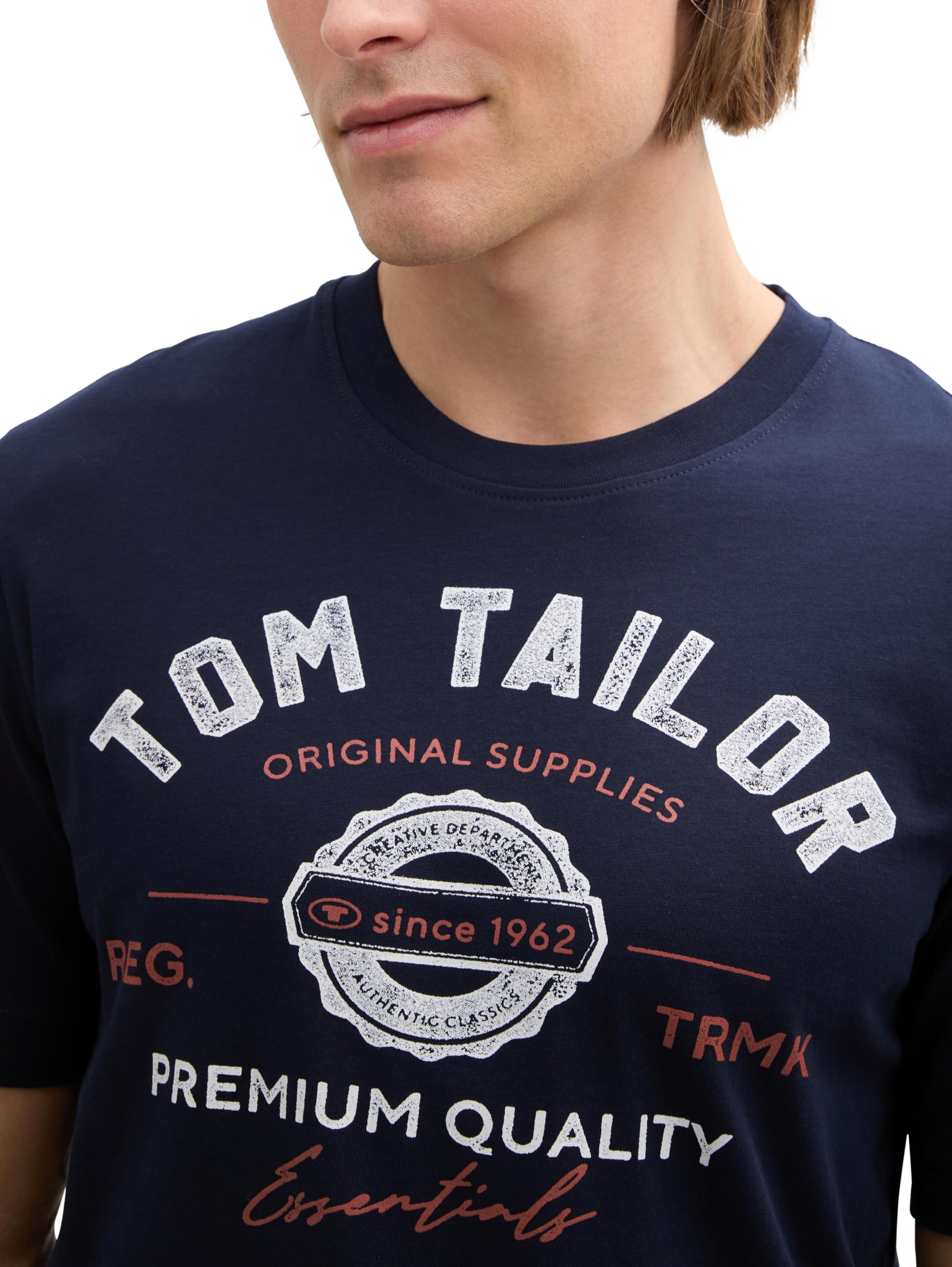 TOM TAILOR Herren T-Shirt mit Logo-Print aus Baumwolle, sky captain blue, XL 4