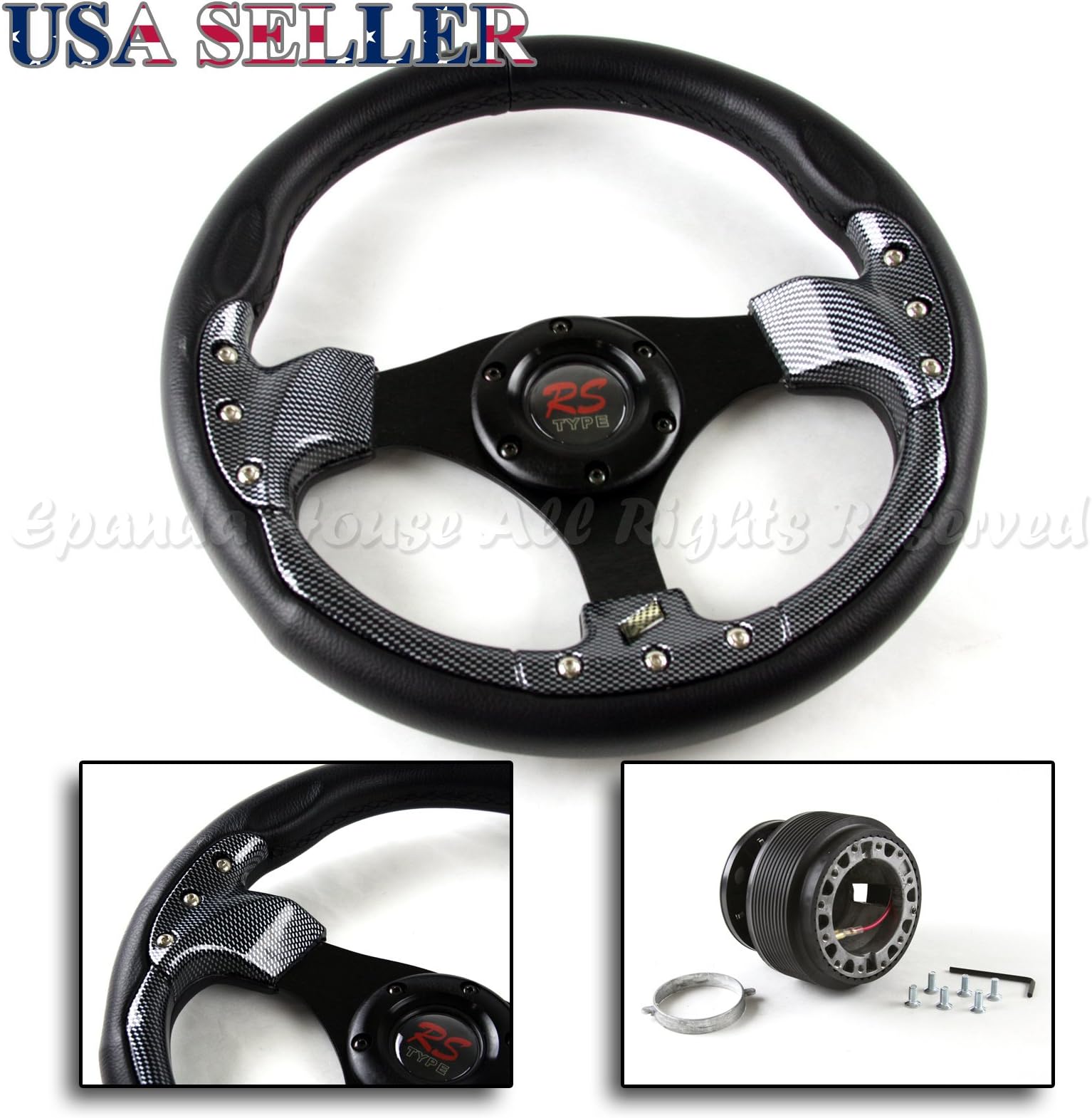 EpandaHouse Compatible with 92-95 Honda Civic USA 320mm Carbon Fiber Pattern Trim Steering Wheel + Hub Boss