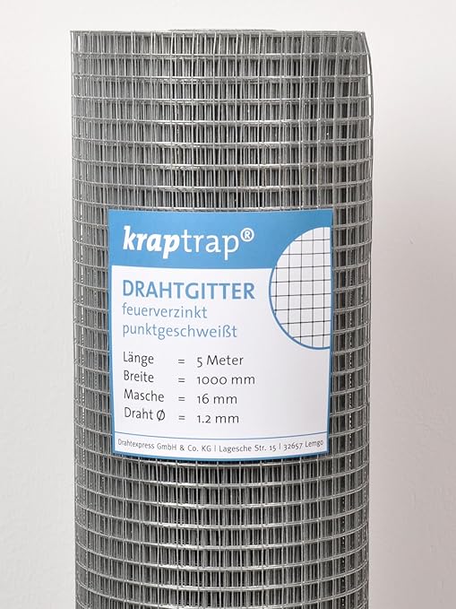 kraptrap® Volierendraht Drahtgitter 4-eck Schweißgitter16x16mm 100cm Breite 5m Länge