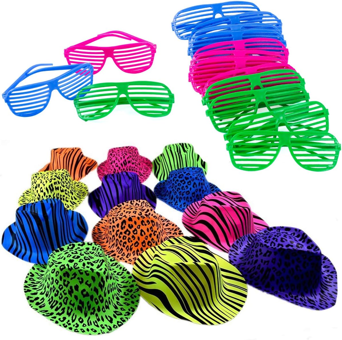Funny Party Hats Neon Party Supplies - Fedora Party Hats with Party Sunglasses - Gangster Party - 24 Pc Set: Clothing