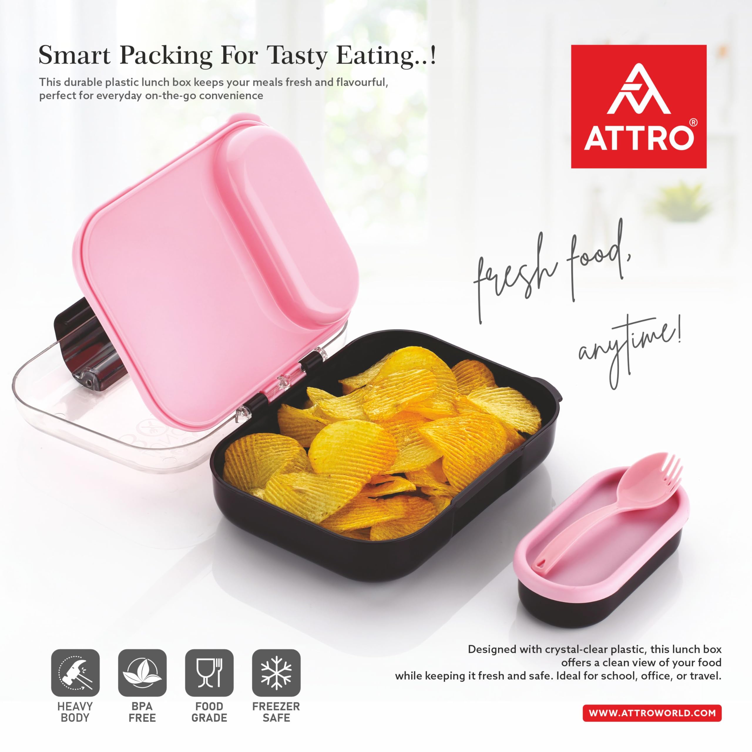 ATTRO Food Bite Kids Plastic Lunch Box – 3 Compartments, 1 Small Container & Spoon, with Stylish Lid BPA-Free, Freezer Safe, Ideal for School, Travel & Outdoor - Purple Pink-500ml 4