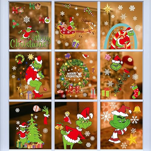 AUAUY Christmas Window Stickers, 8 Sheets 116pcs Grinch Merry Christmas Window Clings Sticker, Reusable Children's Window Film, Double-Sided Static Adhesive PVC Stickers for Glass Windows Decoration