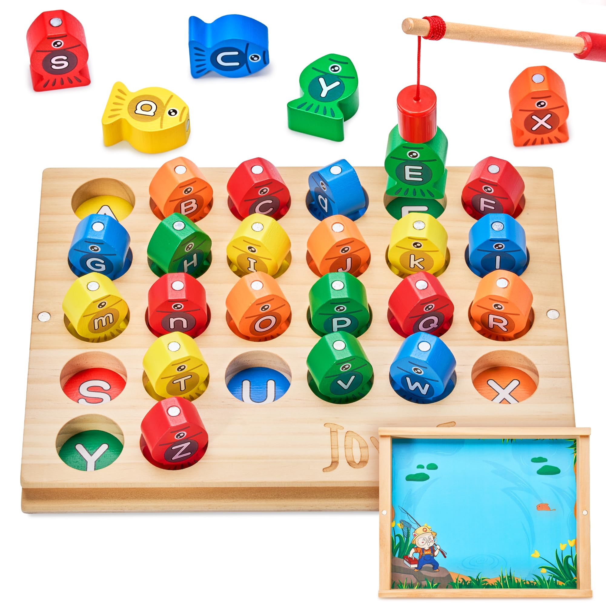 JoyCat Wooden Magnetic Fishing Game for Toddlers, Alphabet Educational Color Sorting Games Puzzle, Fine Motor Skills Toy with Letters, Preschool Learning ABC Toys Easter Gift for Kids 3 4 5 Years Old
