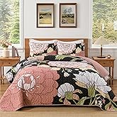 DJY Black Quilt Set King Size 3 Pieces Floral Boho Bedspread Coverlet Set, Soft Microfiber Black Pink Farmhouse Floral Quilted Bedding Set Reversible Bed Cover for All Season, 110''x90''