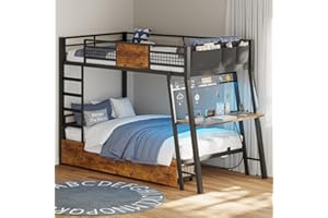 HAUOMS Bunk Bed for Small Space, Bunk Beds Twin Over Twin with Desk, Power Outlets, RGB LED Lights, Storage Drawers, Metal Beds with Safety Guardrail & Ladders, No Box Spring Needed, Rustic Brown
