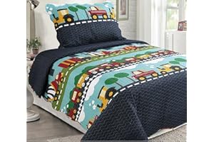 GOLDENLINENS Golden Linens Twin Size (1 Quilt, 1 Shams) Navy Blue Aqua Blue, sage Green, Yellow Trains, Trucks & Tractors Kids Teens/Boys Quilt Bedspread/Coverlet # Twin Trucks (28)