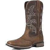 Atsroel Mens Cowboy Boots Square Toe Western Boots Pull On Slip Resistant Work For Men Traditional Country Mid Calf Chunky Heel Embroidered Ankle Booties