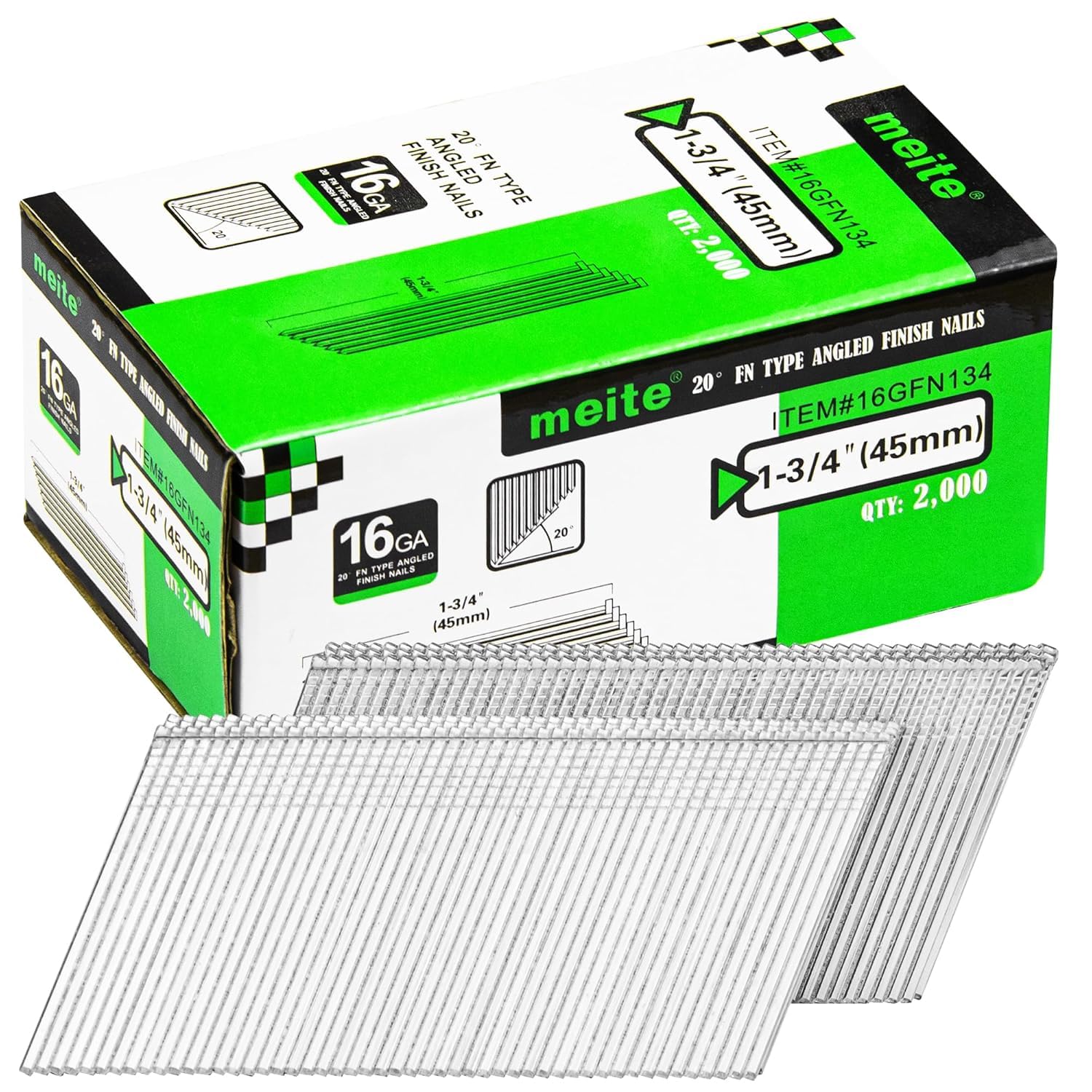 meite 16 Gauge Angled Finish Nails, 45mm Galvanised Angled Nails for Finish Nail Guns, 16GA 20 Degree Angled Nails for Carpentry & Interior Trim – 2,000 Pack