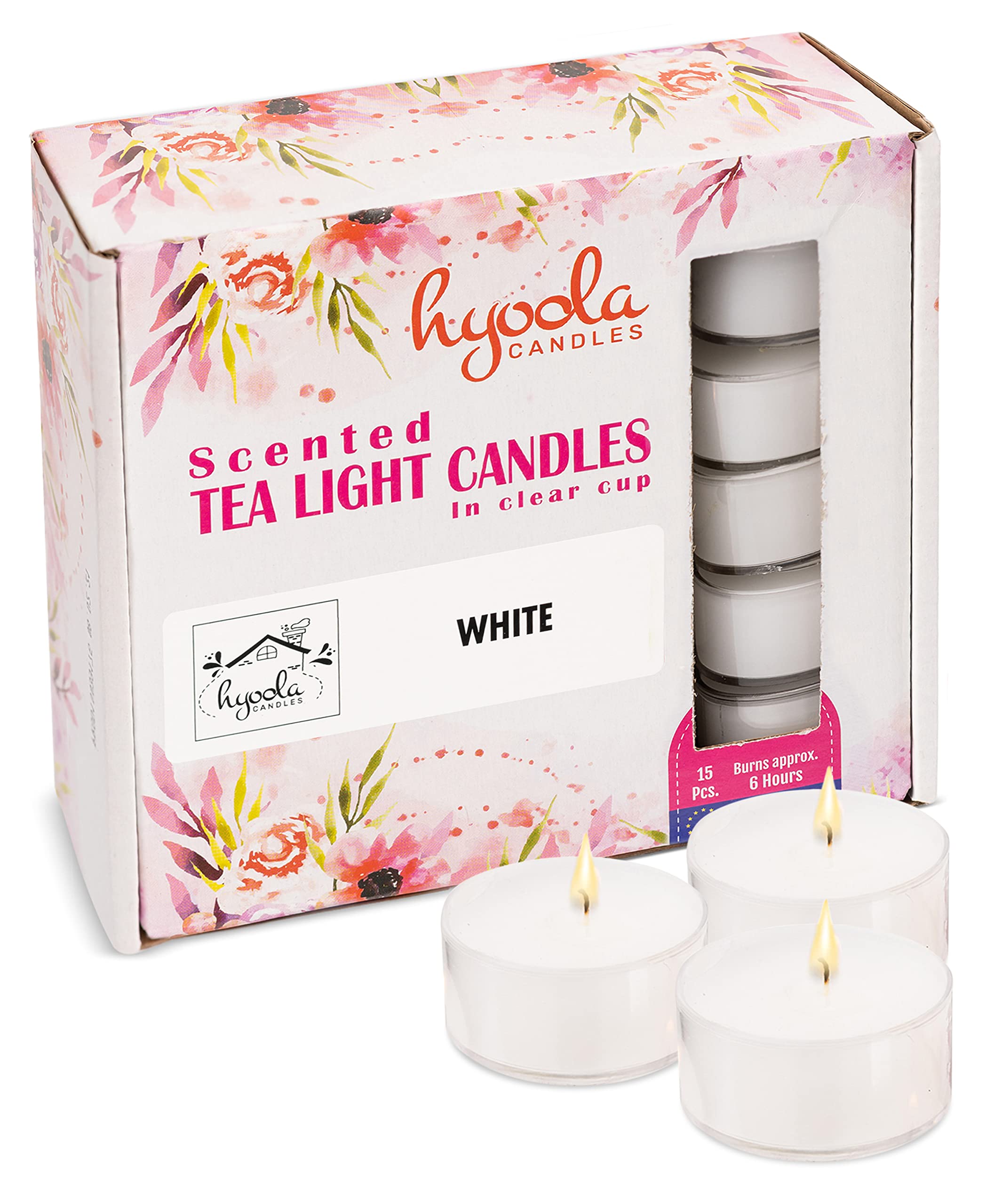 Hyoola Scented Tealight Candles - Clear Cup - White Scented Tealights Candles - 6 Hour Burn Time - 15 Pack - European Made