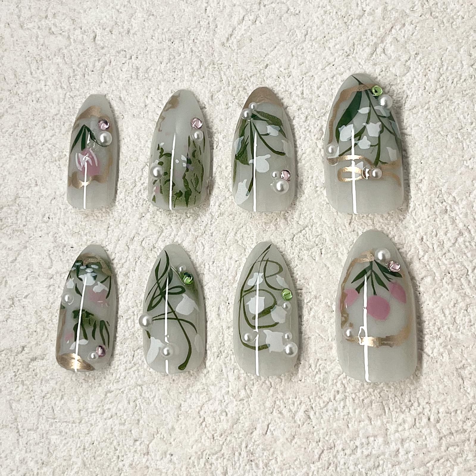 ROFIBUT Green Flower Press on Nails Medium Almond Fake Nails with 3D Pearl Rhinestones Designs Glossy Gold French Tips Bow False Acrylic Nails White Floral Full Cover Stick on Nails for Women 24Pcs - Image 3