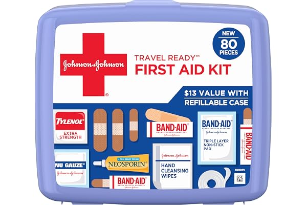 BAND-AID Brand Travel Ready Portable Emergency First Aid Kit, Minor Wound Care, Perfect for Home, Car, Camping, Travel & Outdoor Essentials, Supplies Include Bandages, Neosporin & Tylenol, 80 Piece