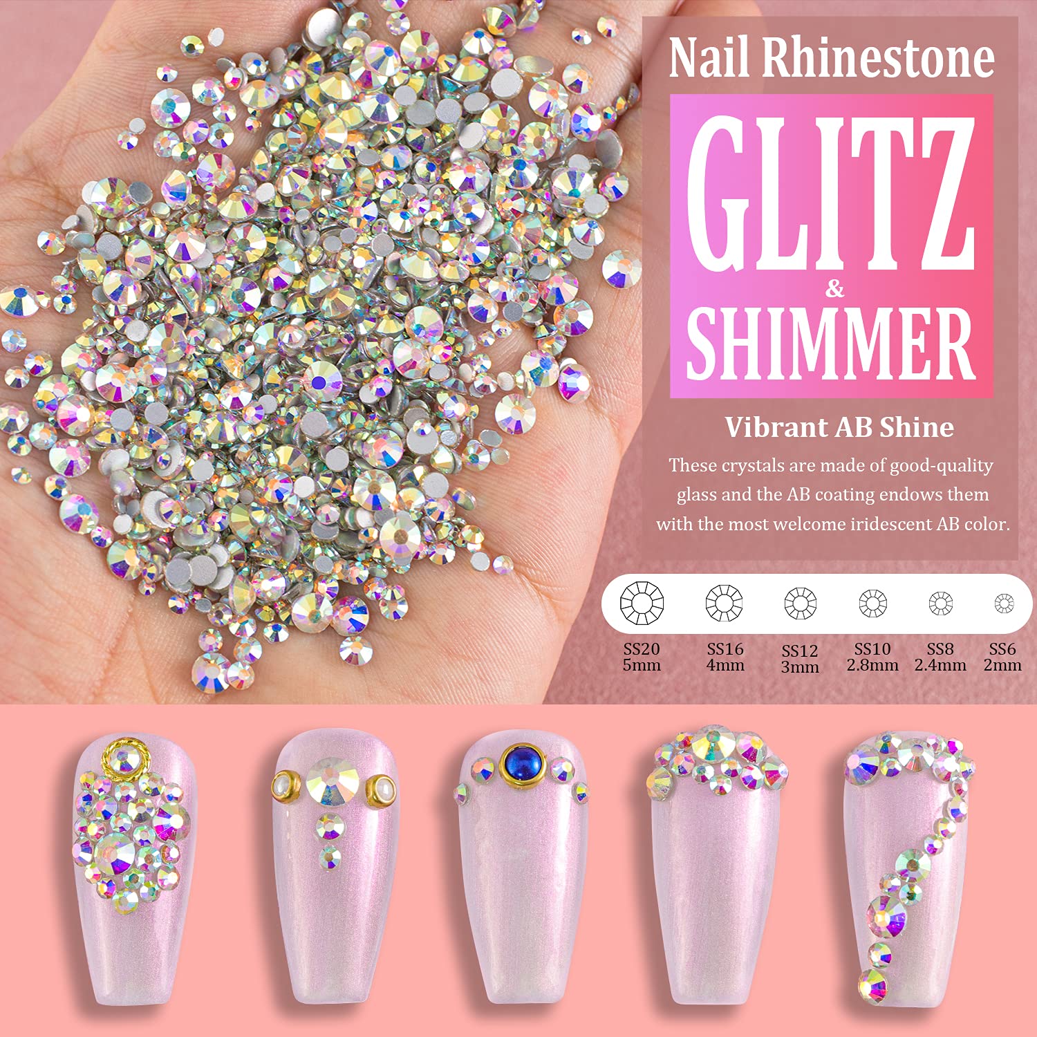 Multi Shapes 3D Glass AB Crystal Nail Art Rhinestones Kit with Flatback Round Bead Charm Gem Stone Jewelry Diamond with Pickup Pen + Tweezer for Manicure Craft Decoration by BELLEBOOST (Iridescent) - Image 2