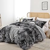 Smoofy Fluffy Queen Comforter Set, Faux Fur Comforter Set Queen Size, Luxury Fuzzy Bedding Set, Soft Shaggy Bed Set for All Season, 3 Pieces - 1 Comforter & 2 Pillowcases, Tie-Dye Grey