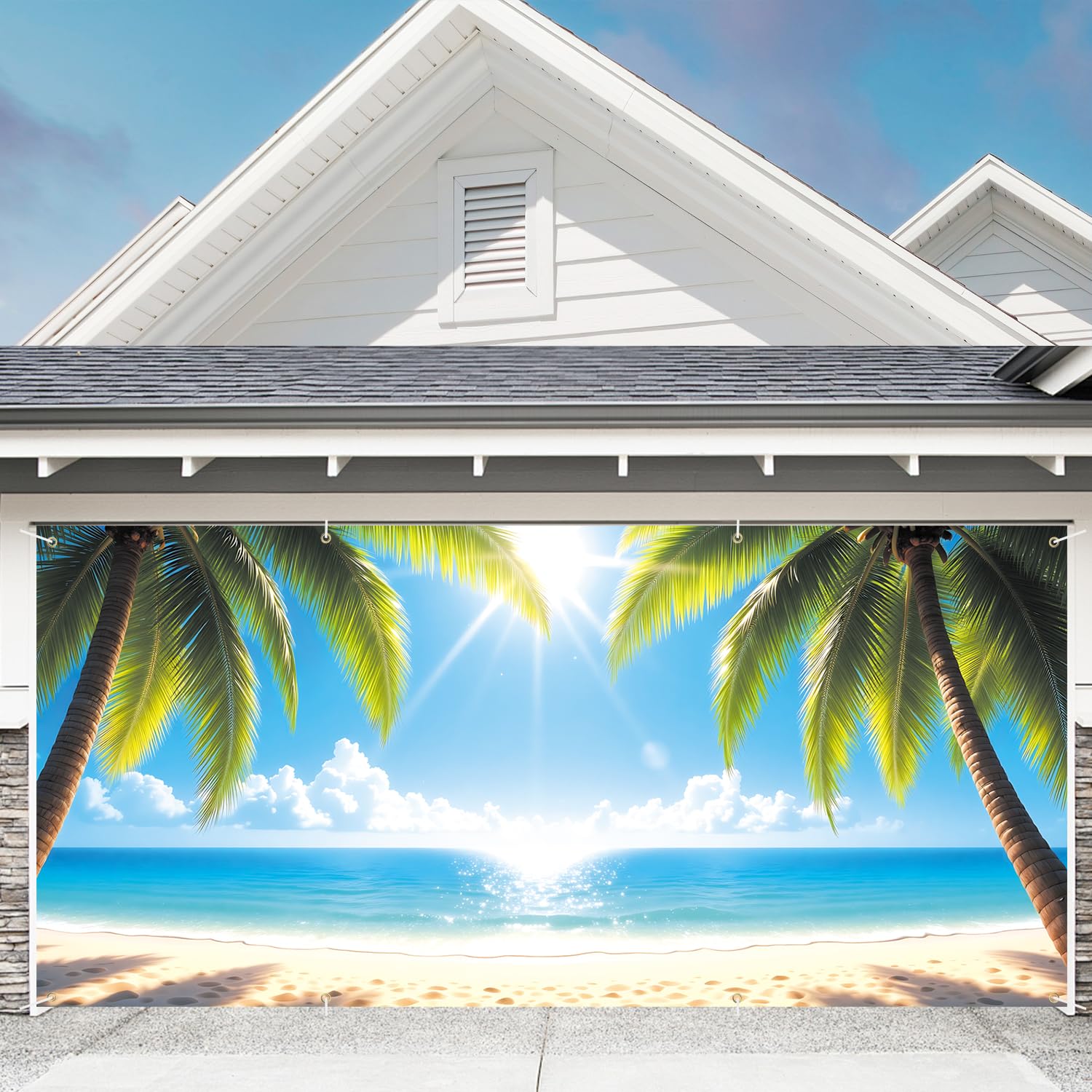 Photo 1 of Summer and the Sea Garage Door Banner - 71"x157" Polyester Mural, Perfect for Outdoor & Indoor Decor, Holiday & Party Background 6 x 13 ft